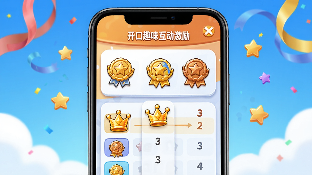 有道开口读趣味互动激励页面,主体为手机屏幕展示成就徽章墙与排行榜,布局采用卡片式上下分布,排版活泼,风格为卡通游戏化UI,细节上徽章有金银铜不同颜色,排行榜前三名有皇冠图标,背景有彩带和星星飘落效果,画质干净清晰,无多余元素。