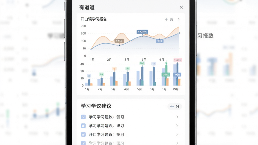 有道开口读学习报告页面,主体为手机屏幕展示数据图表,布局采用上下结构,上方是折线图与柱状图,下方是学习建议列表,风格为商务简约数据可视化,细节上图表颜色柔和、数据标签清晰,背景为纯白,画质高清干净,无多余元素。