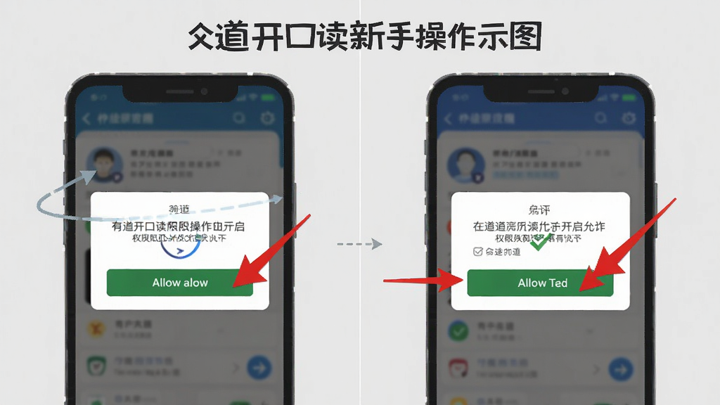 有道开口读新手操作示意图,主体为手机界面分步骤展示权限开启流程,布局采用左右分栏,左侧为权限弹窗截图,右侧为勾选允许的示意,排版清晰,风格为扁平化教程插画,细节上标注红色箭头指向允许按钮,背景为浅灰色,画质干净,无多余元素。