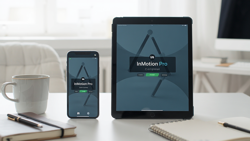 手机与平板并排摆放,屏幕均显示 InMotion Pro 的导出完成界面,周围有咖啡杯与笔记本,背景为明亮的居家办公桌,风格清新简约,画质干净,无多余元素
