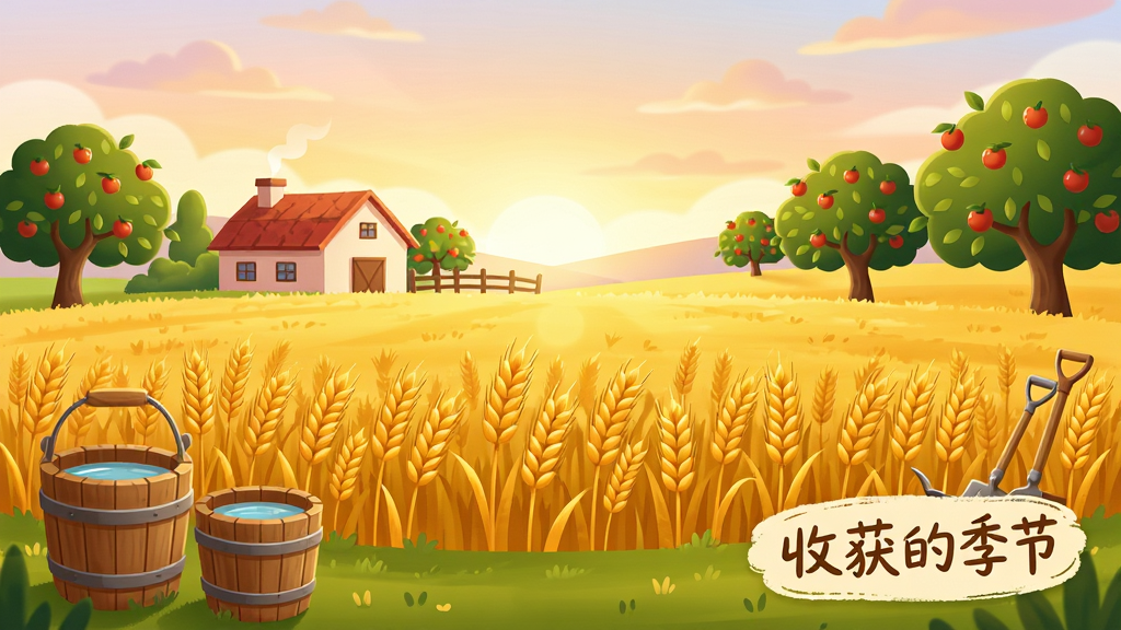 一幅清新自然的田园农场全景插画,画面中央是一片金黄色的麦田,远处有红顶农舍和几棵果树,近处摆放着木制水桶和农具,天空是柔和的晨曦色调,整体风格温暖治愈,画面中带有