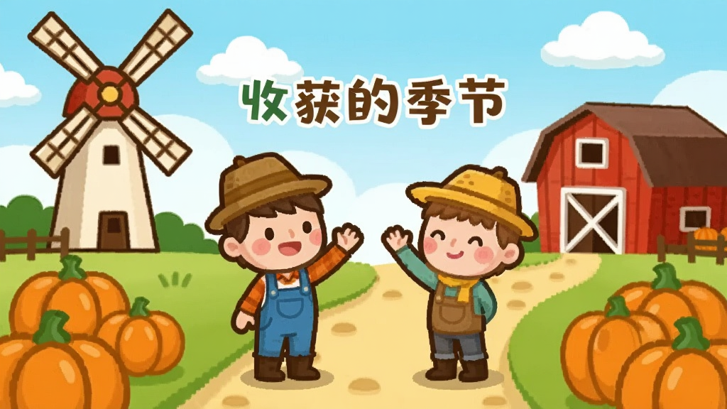 一幅展现农场社交场景的插画,画面中有两位卡通角色站在农场小路上互相挥手,背景有风车、谷仓和成堆的南瓜,天空飘着几朵白云,整体氛围友好温馨,风格清新卡通,画面中带有