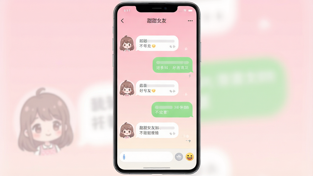 一张手机屏幕正面展示图,主体是一部现代安卓手机,屏幕上显示甜甜女友应用的聊天主界面,界面中有可爱的卡通头像与聊天气泡,布局为居中展示手机与界面,排版简洁,风格为清新柔和的二次元插画风,细节包括浅粉色渐变背景、圆角气泡、底部输入框与表情按钮,画质高清,干净,无多余元素