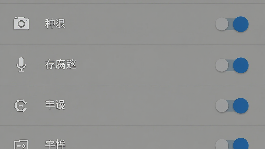 一张手机权限设置界面图,主体是安卓系统设置中的应用权限管理页面,布局为列表式权限开关,排版简洁,风格为系统原生简约风,细节包括相机、麦克风、存储等权限项与开关按钮,画质高清,干净,无多余元素