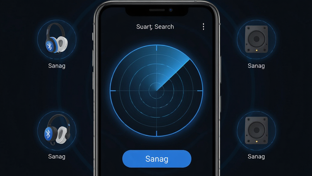 一张展示Sanag应用蓝牙搜索界面的手机截图风格图片,主体为手机屏幕,画面中央是雷达扫描动画效果,周围环绕着蓝牙耳机和音箱的图标。布局采用中心对称,排版简洁。风格为扁平化科技风,细节包括蓝色光晕、设备名称标签“Sanag”和连接按钮。画质清晰,干净,无多余元素。
