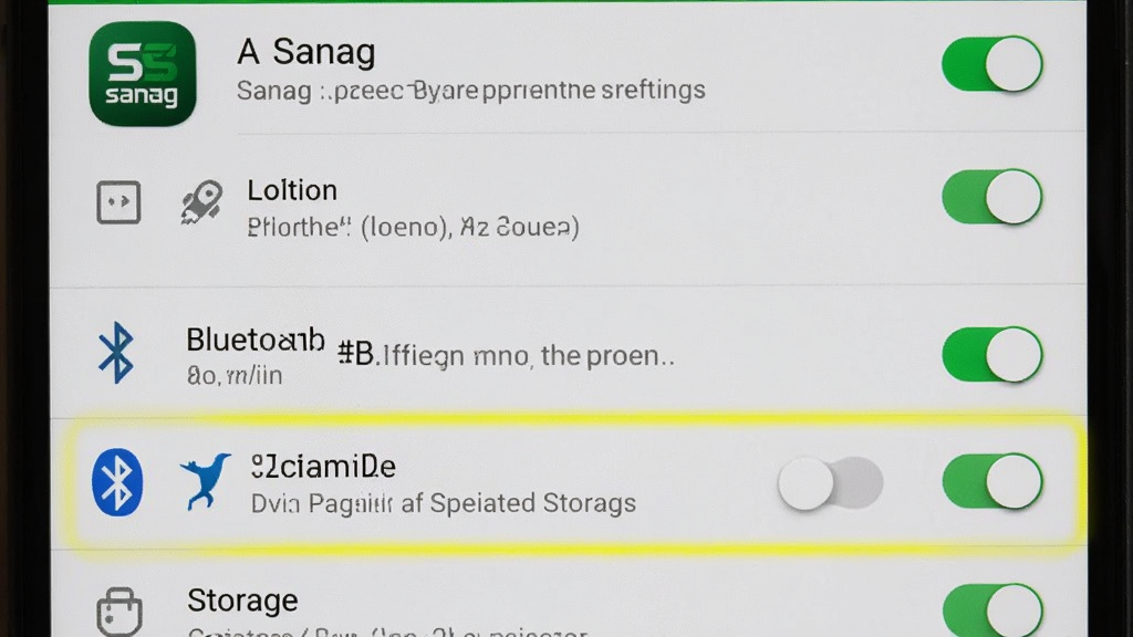 一张展示Sanag应用权限设置界面的手机截图,主体为手机屏幕,画面显示蓝牙、位置、存储等权限开关列表,其中蓝牙和位置权限被高亮标注。布局为垂直列表,排版清晰。风格为原生安卓设置界面,细节包括绿色开关按钮、权限说明文字和“Sanag”应用图标。画质干净,无多余元素。