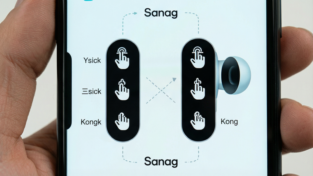 一张展示Sanag应用触控设置界面的图片,主体为手机屏幕上的耳机触控区域示意图,左右耳分别标注单击、双击、三击和长按的图标。布局左右对称,排版直观。风格为清新浅色系UI,细节包括圆润的图标、虚线指示线和“Sanag”文字。画质清晰,干净,无多余元素。