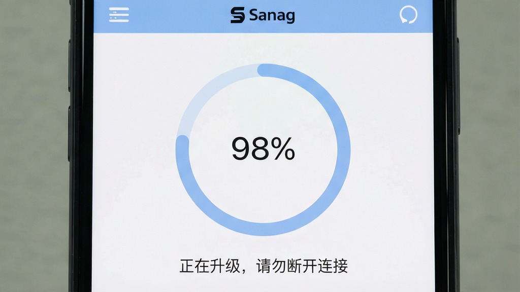 一张展示Sanag应用固件升级进度界面的图片,主体为手机屏幕,画面中央是一个圆环进度条,显示升级百分比,下方有文字说明“正在升级,请勿断开连接”。布局居中,排版清晰。风格为简洁明快的工具类应用界面,细节包括柔和的蓝色进度条、设备图标和“Sanag”品牌字样。画质干净,无多余元素。