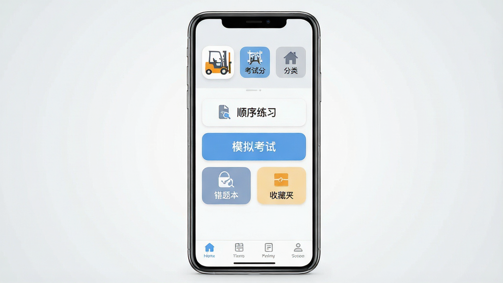 一张展示叉车司机超题库软件主界面的手机应用截图预览图,画面中央是一部竖屏智能手机,屏幕内显示题库首页,上方有叉车图标和考试分类入口,中间区域排列着顺序练习、模拟考试、错题本、收藏夹等功能按钮,底部导航栏清晰可见,背景为干净的浅灰色渐变,整体风格简洁明亮,采用扁平化UI设计,细节包括按钮圆角、图标线条清晰、文字排版整齐,画质高清,画面干净,无多余元素