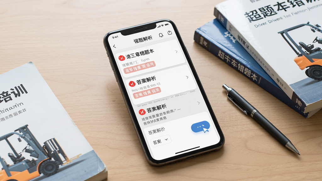 一张展示叉车司机超题库错题本功能的手机应用场景图,画面中央是一部智能手机,屏幕显示错题列表页面,每条错题带有红色错误标记和章节标签,点击后展开答案解析区域,手机旁边散落着几本叉车培训教材和一支笔,整体风格写实清新,光线柔和,背景为木质桌面,画质清晰,画面干净,无多余元素
