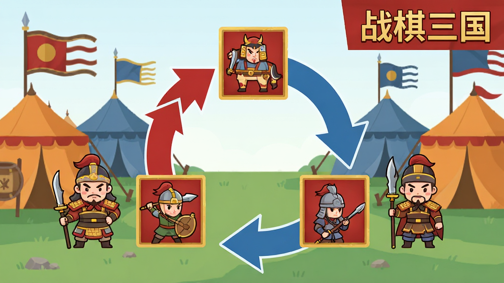 战棋三国兵种克制关系示意图,画面中央是一个圆形循环箭头图,箭头分别指向骑兵、弓兵、枪兵三个兵种图标,每个兵种图标旁配有对应的三国武将Q版形象,背景是古代军营帐篷和战旗,风格为扁平化信息图设计,色调以红蓝金三色为主,画面干净整洁,文字标注“战棋三国”在画面右上角,高清画质