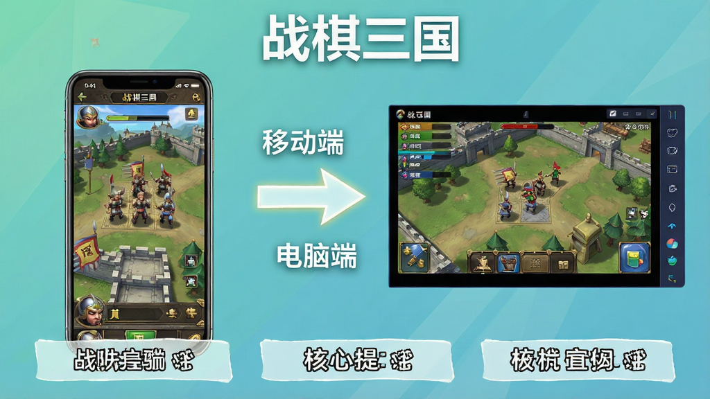 战棋三国新手攻略信息图,画面左侧是手机屏幕显示游戏主界面,右侧是电脑模拟器运行游戏界面,中间用箭头连接并标注“移动端”和“电脑端”,下方列出三条核心提示文字,整体风格为简洁教程图,色调清新,画面干净,顶部有“战棋三国”标题,高清画质
