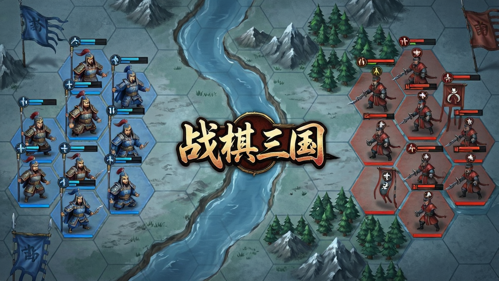 六边形战棋战场俯瞰图,画面展示一片古代战场,六边形格子清晰可见,地形包含河流、山丘、树林,左侧是蓝色方武将阵容,右侧是红色方敌军,武将头顶显示血条和兵种图标,画面风格为中国风策略游戏UI界面,色调冷峻,细节丰富,画质高清,干净无多余元素,画面中央有“战棋三国”游戏Logo