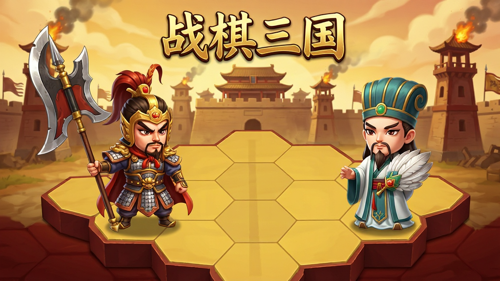 一款以三国为背景的策略战棋手游主视觉图,画面中央是六边形战棋棋盘,棋盘上站立着Q版三国武将形象,左侧是身披铠甲的吕布手持方天画戟,右侧是羽扇纶巾的诸葛亮,背景是古代城池与烽火台,整体风格为写实与卡通结合的中国风,色调以暖黄和深红为主,画面干净整洁,无多余元素,高清画质,游戏名称“战棋三国”以金色字体显示在画面顶部中央