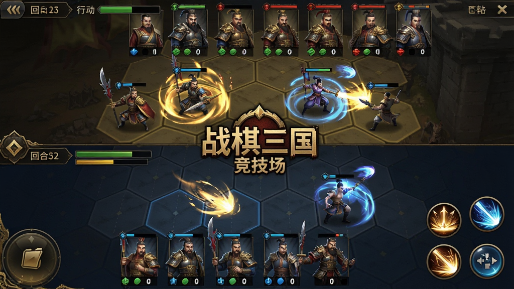 战棋三国PVP竞技场对战界面截图风格图,画面分为上下两部分,上方是敌方阵容,下方是己方阵容,中间是六边形战场,武将正在释放技能,画面特效华丽但不杂乱,UI界面包含回合数、行动条、技能按钮,风格为三国题材策略手游,色调以暗金和深蓝为主,画面中央有“战棋三国”竞技场标志,高清画质,干净无多余元素