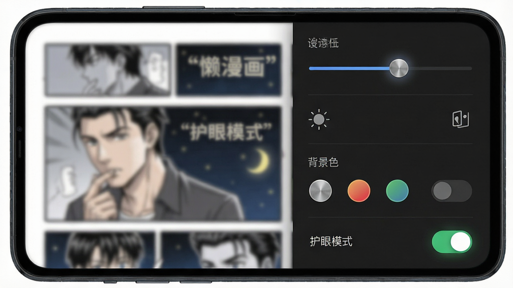 一张展示手机漫画阅读设置面板的场景图,画面主体为一部竖屏手机,屏幕右侧滑出设置侧边栏,侧边栏内有亮度滑块、翻页模式图标、背景色选择圆点、护眼模式开关等控件,手机屏幕左侧露出部分漫画内容作为背景,整体布局为右重左轻的不对称构图,风格为现代简约暗色系UI风格,细节包括滑块的金属质感、开关按钮的微光效果、漫画背景的虚化处理,画质为高清2K,画面干净利落,图片中文字均加引号如