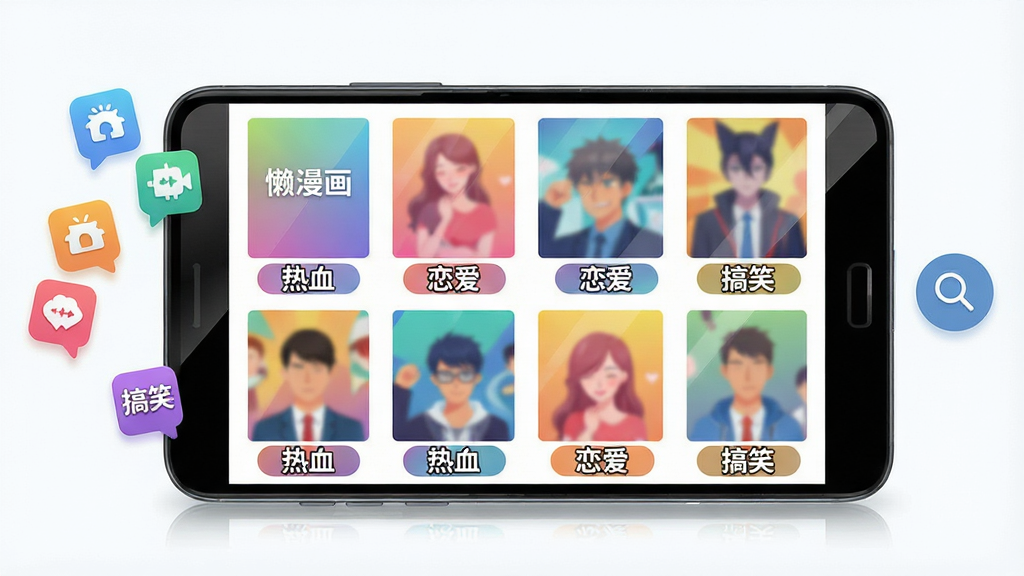 一张展示手机应用内漫画分类页面的场景图,画面主体是一部横向放置的安卓手机,屏幕中呈现网格状漫画封面排列,每个封面下方带有题材标签如