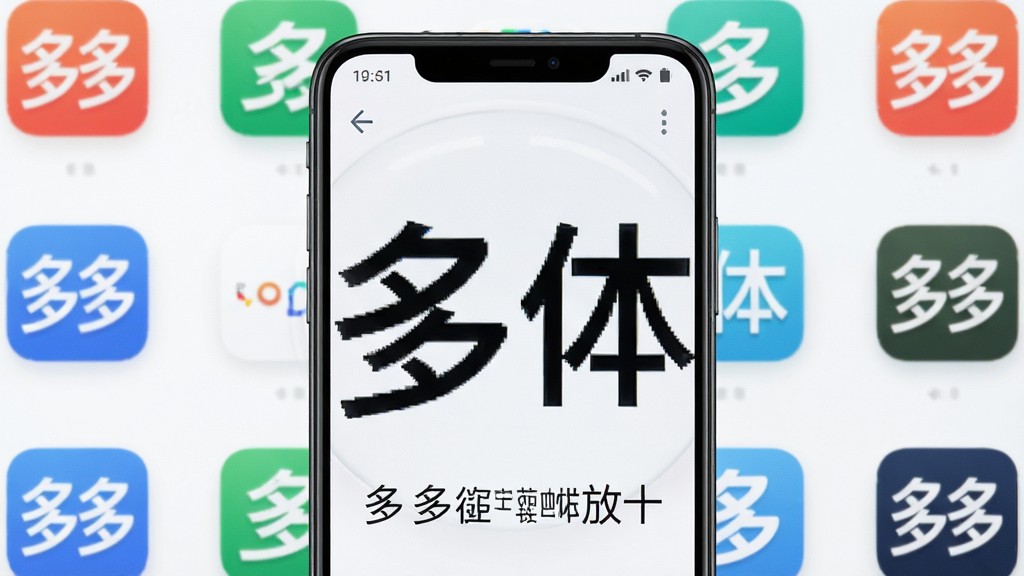 一部安卓手机屏幕中央显示放大的中文字体,周围环绕着多多字体放大软件图标,界面简洁明亮,主体突出手机屏幕与字体放大效果,布局采用居中构图,排版干净利落,风格为现代科技感UI展示,细节包含清晰的应用图标和文字对比效果,画面中文字标注“多多字体放大”,整体画质高清、干净、无多余元素