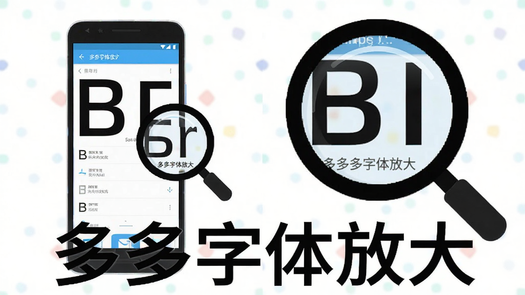 一部安卓手机展示系统设置界面,字体明显放大,屏幕旁边有一个放大镜图标,多多字体放大软件名称以文字形式出现在画面下方,主体为手机屏幕与放大镜组合,布局采用左右分栏,排版清晰,风格为扁平化科技插画,细节突出字体放大前后的对比效果,画面中文字标注“多多字体放大”,画质高清、干净、无多余元素