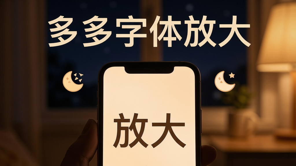 一部手机在夜间环境中显示柔和的暖色调屏幕,字体放大且清晰,屏幕周围有护眼图标和月亮图标,多多字体放大文字出现在画面顶部,主体为夜间手机屏幕,布局采用居中构图,排版简洁,风格为温馨护眼主题,细节突出暖色背景与放大字体的结合,画面中文字标注“多多字体放大”,画质高清、干净、无多余元素