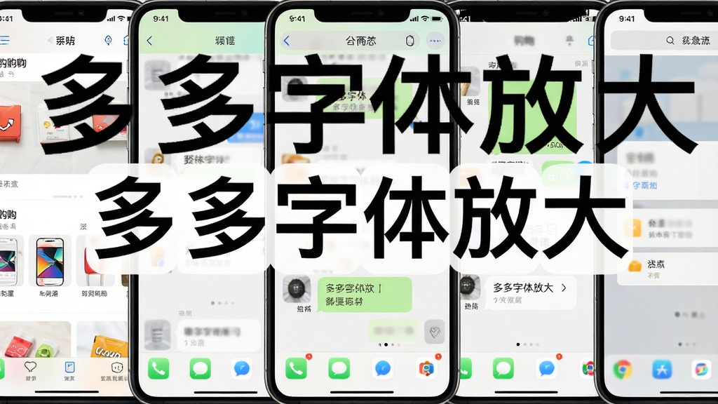 多部手机并排展示不同应用界面,包括购物应用、聊天软件和浏览器,每个界面字体都清晰放大,多多字体放大图标位于画面中央,主体为多屏展示,布局采用横向排列,排版整齐,风格为清新简约的UI展示风格,细节包含各应用界面放大后的文字效果,画面中文字标注“多多字体放大”,画质高清、干净、无多余元素