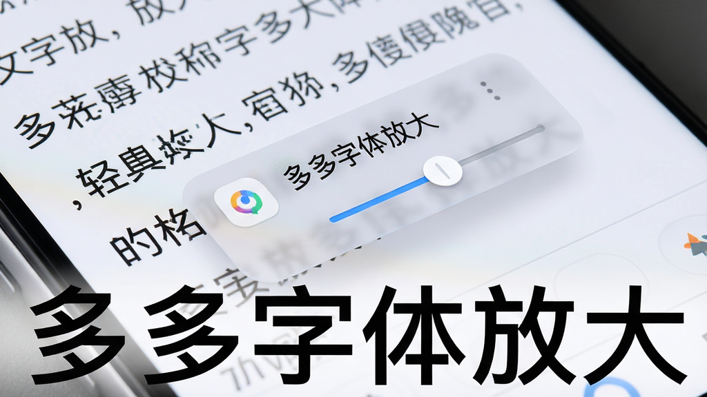 一部安卓手机屏幕上有一个半透明的悬浮按钮,按钮旁边显示字体大小调节滑块,背景是放大的文字界面,多多字体放大名称以文字形式出现在画面底部,主体为悬浮按钮与手机屏幕,布局采用对角线构图,排版灵动,风格为现代交互设计展示,细节包含悬浮按钮的图标和调节滑块,画面中文字标注“多多字体放大”,画质高清、干净、无多余元素