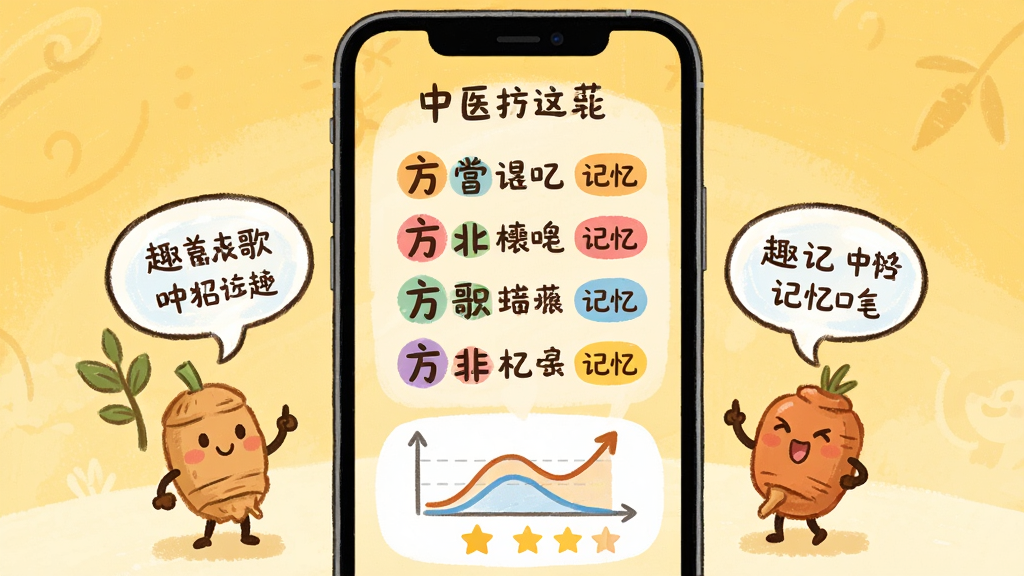 中医方歌趣味记忆功能展示,画面为手机屏幕内呈现方歌文字与彩色记忆标签,旁边配有卡通药材小人举着记忆口诀气泡,背景为暖黄色调,风格为手绘插画风,布局居中,细节包含记忆曲线图标与星星评分,画质高清,画面干净,无多余元素。