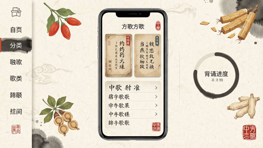 中医方歌软件主界面展示,画面中央放置一部智能手机,屏幕内呈现古风药方卡片与歌诀文字列表,背景为淡雅米色宣纸纹理,点缀几味中药材插画如枸杞、当归、甘草,整体布局左中右三分,左侧为分类导航栏,中间为方歌内容区,右侧为背诵进度环,风格为新中式简约扁平化,细节上带有水墨晕染边缘与篆刻印章元素,画质高清,画面干净,无多余元素。