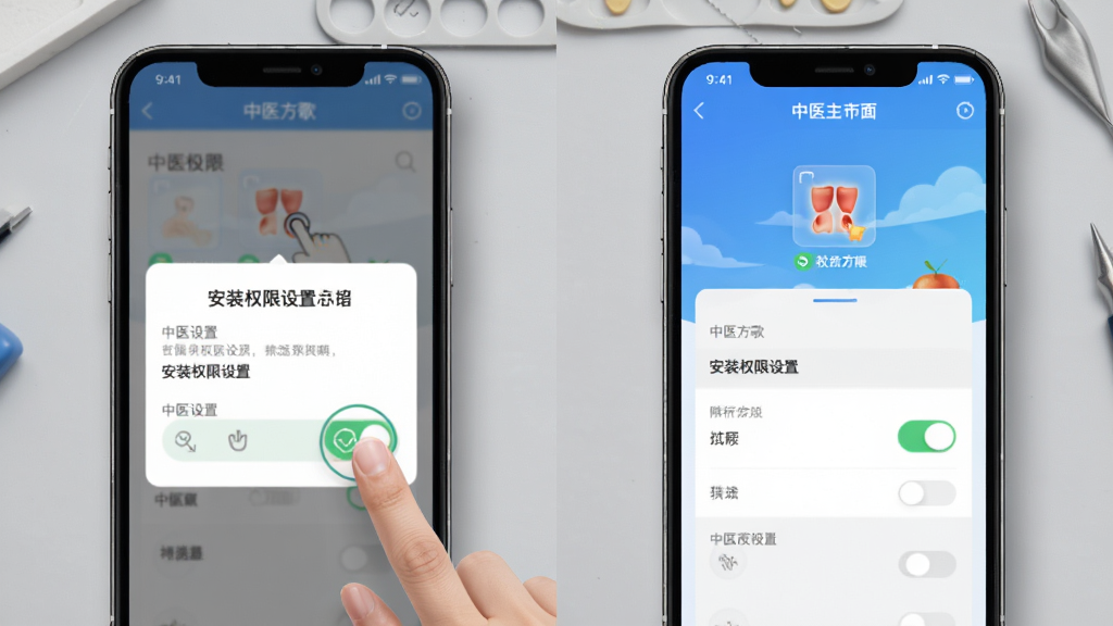中医方歌移动端操作示意图,画面为手机屏幕内展示安装权限设置页面与软件主界面并排,背景为浅灰色工作台面,风格为数码产品展示风,布局左右对比,细节包含手指点击图标与权限开关,画质高清,画面干净,无多余元素。