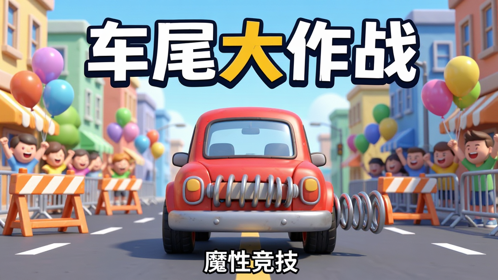����������һ����ͨ���ĺ�ɫС��������β��װ�ſ��ŵĵ���ײ�ǣ������������ĳ��нֵ������ֲ��þ��й�ͼ���Ű��࣬���Ϊ3D��ͨ��Ⱦ��ϸ�ڰ�����ɫ����·�Ϻͻ����Ĺ��ڣ����������ɾ����޶���Ԫ�أ�ͼƬ�Ϸ��ô������д�š���β����ս�����·�С�ֱ�ע��ħ�Ծ�������