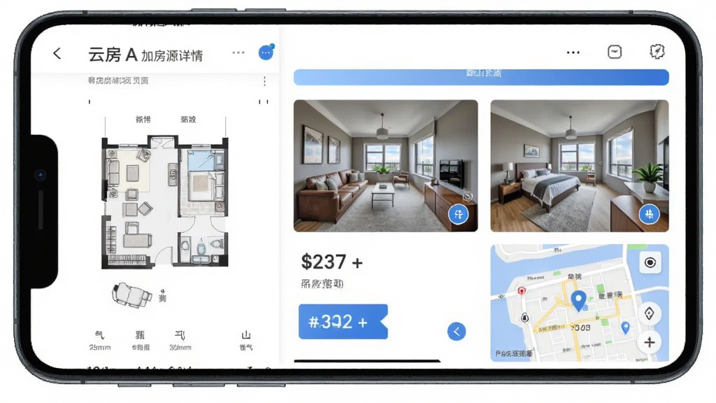 云房A加房源详情页面截图,手机屏幕显示一套公寓的详细信息,包括户型图、实景照片、价格标签和周边地图,界面设计现代,以白色和蓝色为主,布局清晰,风格简洁专业,细节丰富,画质高清,干净,无多余元素