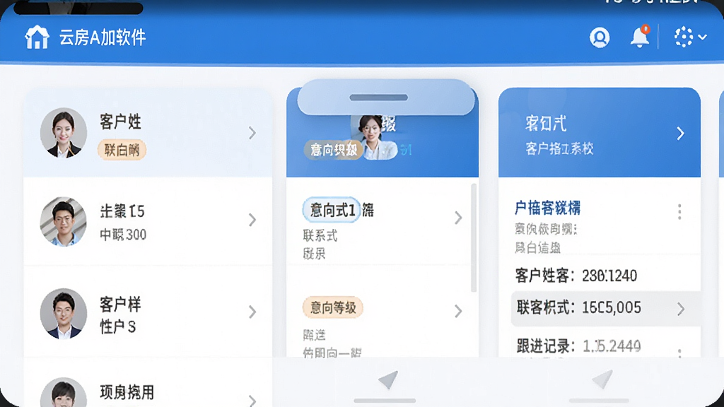 云房A加软件中客户管理功能界面截图,手机屏幕显示客户列表和详细资料卡片,卡片上展示客户姓名、联系方式、意向等级标签和跟进记录,界面以蓝色调为主,布局整洁,风格专业商务,细节清晰,画质高清,干净,无多余元素