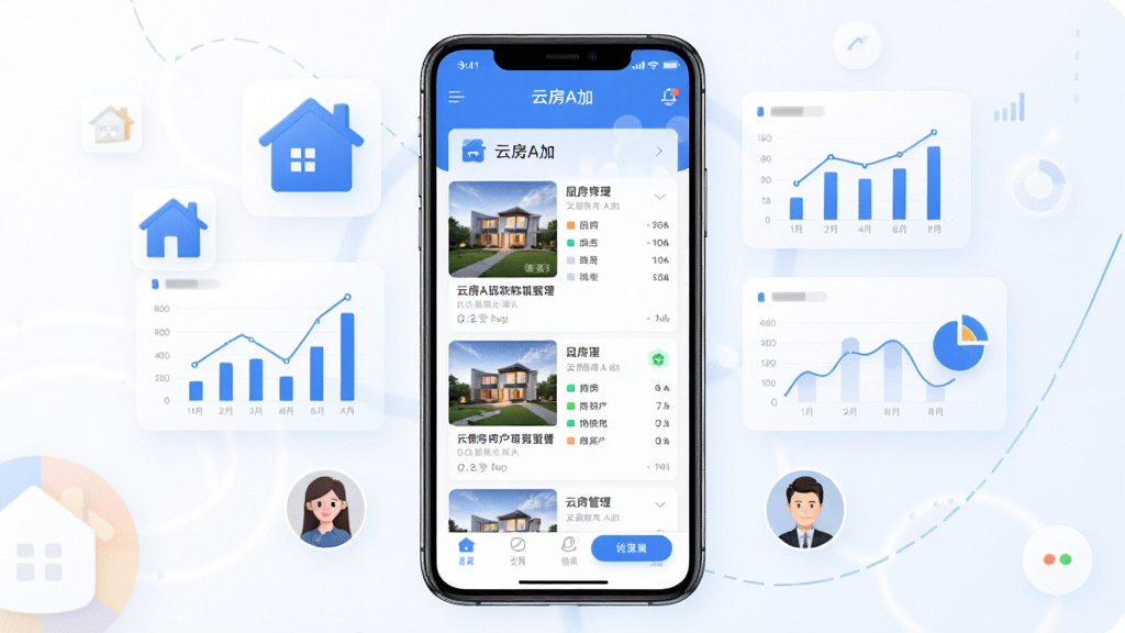 一张展示云房A加软件界面的手机应用截图,画面中央是手机屏幕,屏幕上显示着云房A加的房源列表和客户管理界面,界面设计简洁现代,以蓝色和白色为主色调,手机周围环绕着房产图标、数据图表和用户头像等元素,整体布局清晰,风格商务科技感,细节丰富,画质高清,干净,无多余元素