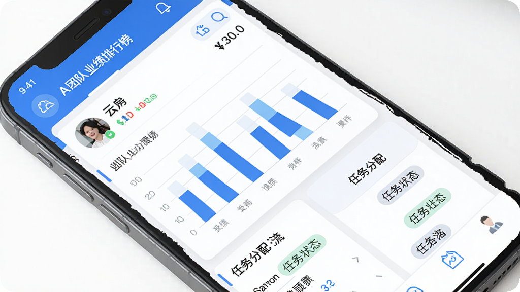 云房A加团队协作功能界面截图,手机屏幕显示团队业绩排行榜和任务分配列表,界面上有成员头像、业绩数据柱状图和任务状态标签,以蓝色和白色为主色调,风格商务简洁,布局清晰,细节丰富,画质高清,干净,无多余元素