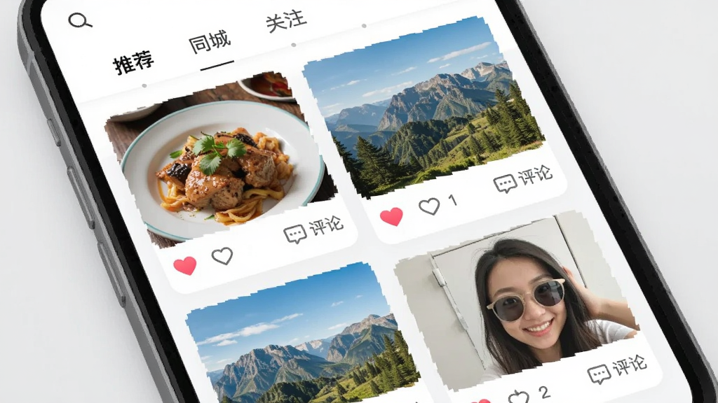 ���ý��Ѷ�̬�㳡ҳ�棬�ֻ���Ļ����ʾ�ٲ���ͼ�Ŀ�Ƭ������ʳ��Ƭ�����з羰�����ģ�ÿ�ſ�Ƭ�·��а��ĵ���ͼ����������ݣ������С��Ƽ�����ͬ�ǡ�����ע����ǩ���������ɾ�ǳ�ң�����Լ�ִ��������������޶���Ԫ��