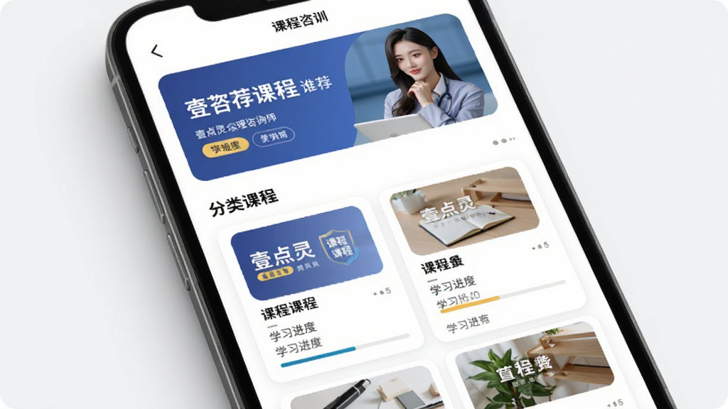 Ҽ����������ѯʦ��ѵѧϰҳ�棬����Ϊ�ֻ���Ļ�еĿγ��б������ֶ���Ϊ�Ƽ��γ̺�����·�Ϊ����γ̿�Ƭ���Ű�����չʾ�����Ϊ֪ʶ��������ˬ���ϸ�ڰ����γ̷�������ͼ��ѧϰ�����������ʸ��壬�ɾ����޶���Ԫ��