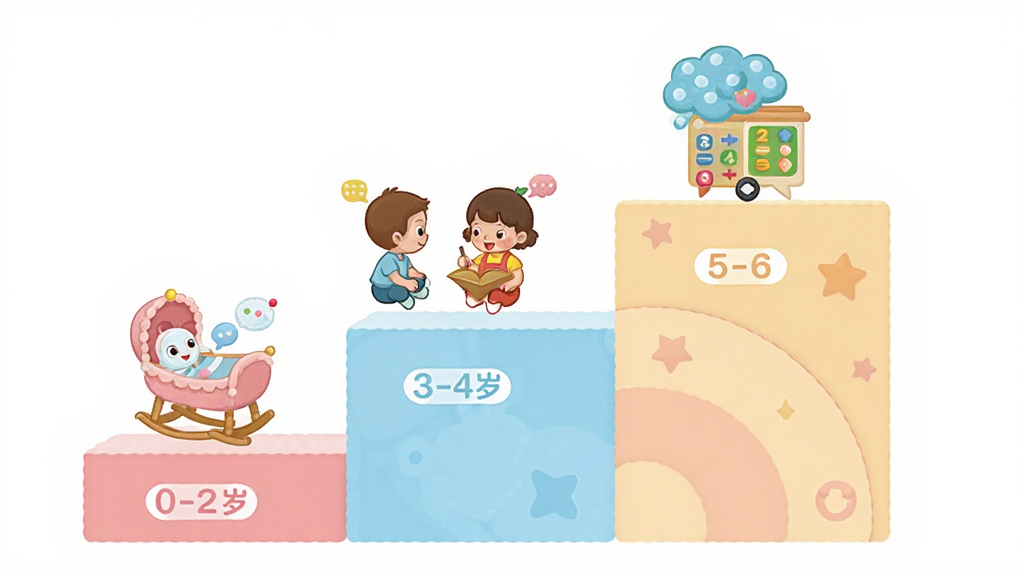 ������ʿ��ȫ�������ɽ��棬��������չʾһ���ɳ�����ͼ�Σ��ӵ͵��߱�ע0-2�ꡢ3-4�ꡢ5-6�������׶Σ�ÿ���׶��Ա����ж�Ӧ�Ŀ�ͨѧϰ����ͼ�꣬��Ӥ��ҡ�����׶��Ի�����ͯ�����ȣ�������Ϊ��ƽ����ͨ�廭��ɫ�������ܰ���Է�ɫ��ǳ��������Ϊ��������Ϊ�������ʽ�Ű棬���ʸ��壬����ɾ�����