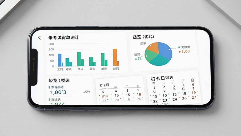画面中一部手机横屏放置,屏幕内显示米考试背单词的学习统计页面,包含柱状图、饼图与打卡日历,图表颜色以蓝绿橙为主,布局采用上下结构上方为总览下方为明细,风格现代简洁,细节上图表数据清晰可辨,背景为浅灰色桌面,画质干净无杂乱元素。