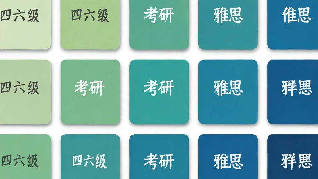 画面展示一个整齐排列的卡片墙,每张卡片代表不同考试词库并标注着四六级、考研、雅思等字样,卡片色彩按难度从浅绿过渡到深蓝,布局采用网格状排列,风格扁平化设计,细节上卡片边缘带有轻微阴影,背景为纯白色,画质干净整洁,无多余元素。