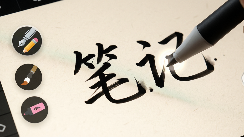 画面展示千本笔记官方版书写界面特写,一支触控笔正在屏幕上书写汉字“笔记”两个大字,笔迹呈现由粗到细的自然变化,笔锋明显,屏幕左侧悬浮着钢笔、铅笔、毛笔、荧光笔四个圆形笔刷图标,背景为浅米色纸张纹理,布局采用微距俯拍视角,风格为数码产品特写,细节包括笔尖与屏幕接触点的光晕、笔迹边缘的墨迹扩散效果,画质细腻,干净,无多余元素。