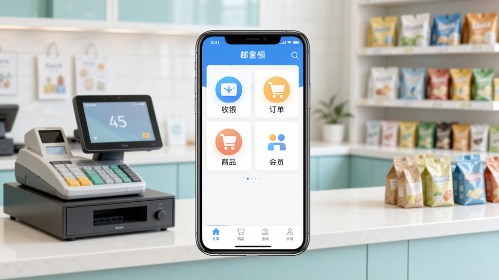邮掌柜软件主界面展示图,画面中央是手机屏幕显示邮掌柜APP首页,包含收银、订单、商品、会员等功能图标,背景为整洁的店铺柜台场景,摆放着收银设备和商品货架,整体风格明亮清新,细节丰富,画质清晰,干净无多余元素