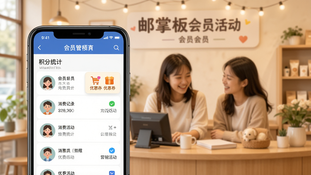 邮掌柜会员管理界面展示,手机屏幕显示会员列表、积分统计和优惠券发放页面,包含会员头像、消费记录和营销活动图标,背景为店铺会员活动场景,风格温馨友好,画质清晰,干净无多余元素