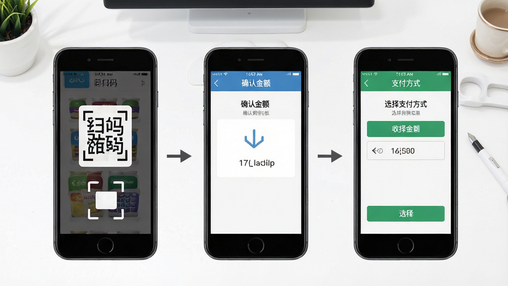 邮掌柜手机端操作教程示意图,画面展示手机屏幕分步骤演示收银操作流程,包含扫码、确认金额、选择支付方式三个步骤界面,背景为简洁的白色工作台,风格教程类插图,画质清晰,干净无多余元素