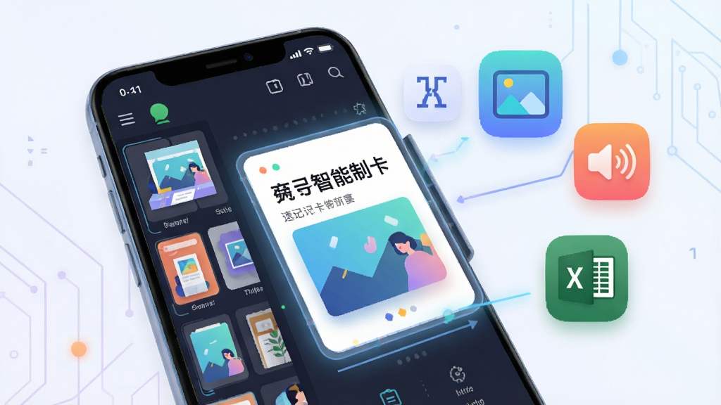 一张展示速记卡App智能制卡功能的图片,画面中手机屏幕显示着卡片编辑界面,左侧是模板库列表,右侧是正在编辑的卡片,卡片上有文字和图片。手机旁边漂浮着几个图标,分别代表文字、图片、音频和Excel表格。风格为科技感扁平插画,细节包括图标的渐变色彩、屏幕的微光效果。画质高清,干净,无多余元素。