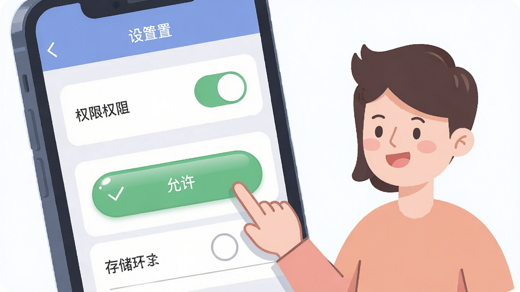 一张展示速记卡App操作技巧的图片,画面中手机屏幕显示着设置界面,有权限开关和存储选项,旁边有一个卡通人物用手指着屏幕上的“允许”按钮。风格为扁平化插画,色彩柔和,细节包括按钮的高光、人物表情的友好。画质高清,干净,无多余元素。