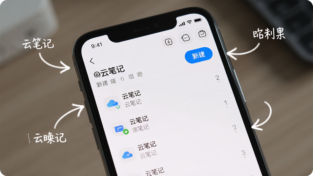 主体是一部手机屏幕展示云笔记主界面,布局为居中特写构图,排版上手机占据画面中央,周围有操作步骤箭头和文字标注,风格为写实UI展示风,细节上屏幕内显示“云笔记”列表和新建按钮,画质清晰干净,无多余元素