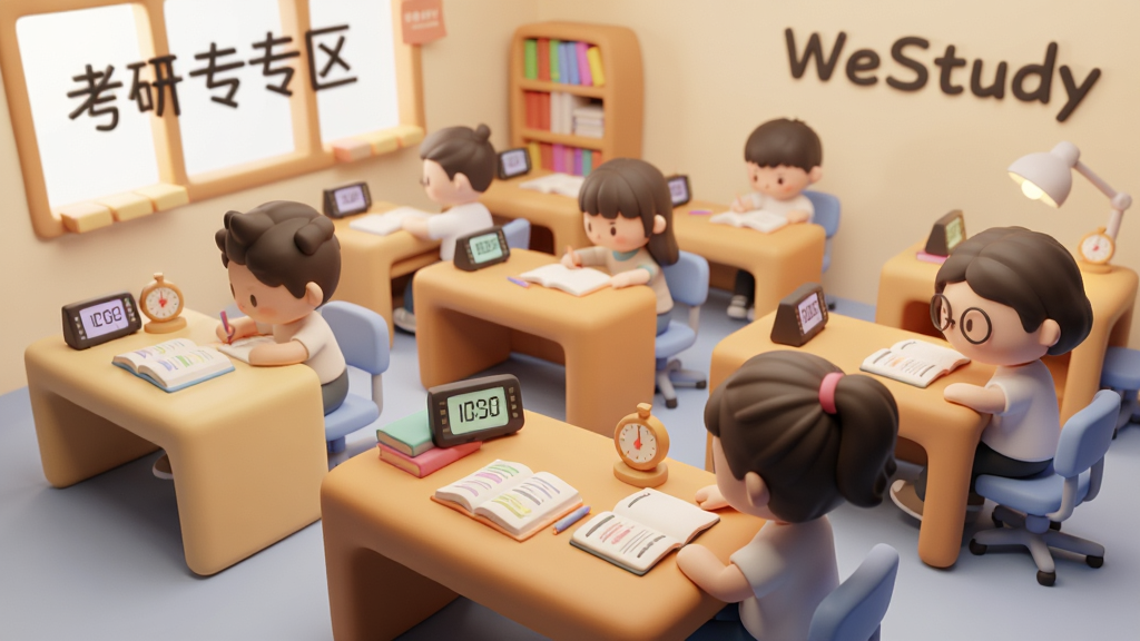 一张展示WeStudy虚拟自习室功能的图片,画面中有多个卡通风格的书桌排列整齐,每个书桌前坐着一位正在学习的学生,桌面上有书本、笔记本和计时器,房间背景有