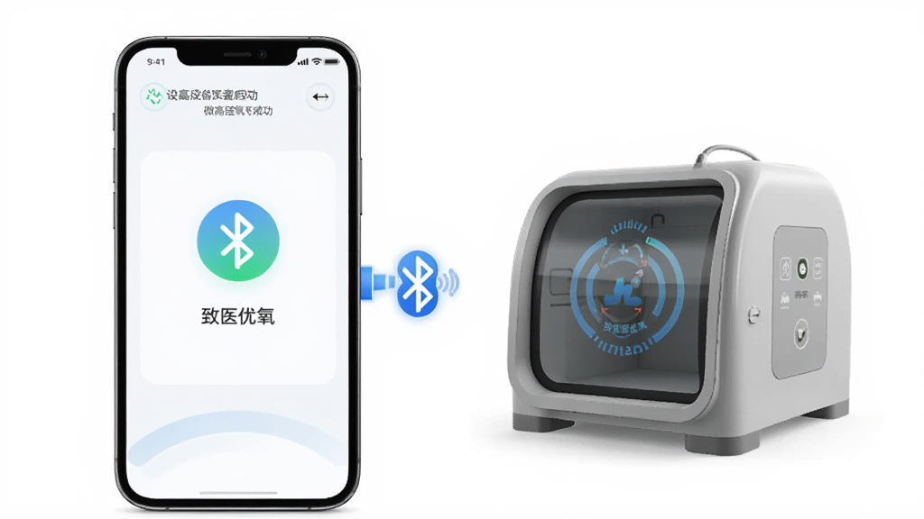 一部手机通过蓝牙连接微高压氧舱设备的示意图,手机屏幕显示设备连接成功界面,画面中有蓝牙信号图标和