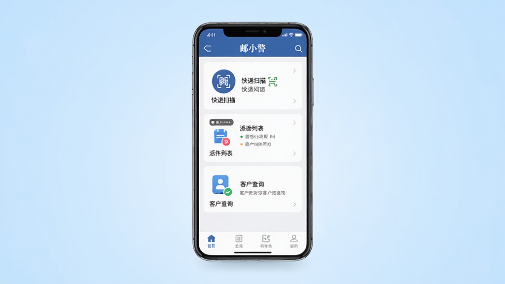 邮小警软件主界面展示,画面中央是一部智能手机,屏幕显示邮小警应用首页,包含快递扫描、派件列表、客户查询等功能模块图标,背景为干净的浅蓝色渐变,布局简洁清晰,风格为扁平化UI设计,细节包括状态栏信号图标、底部导航栏,画质高清,干净,无多余元素