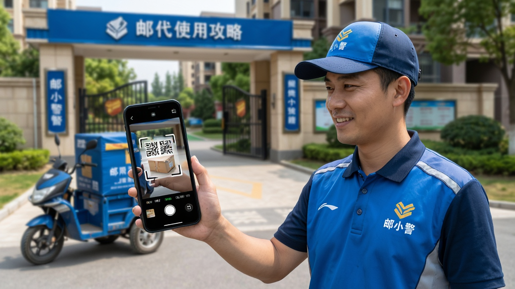 邮小警移动端使用攻略示意图,画面为快递员手持手机在户外使用邮小警扫码派件,手机屏幕显示扫描界面,背景为小区门口,风格为写实生活风,细节包括快递员制服和快递三轮车,画质高清,干净,无多余元素